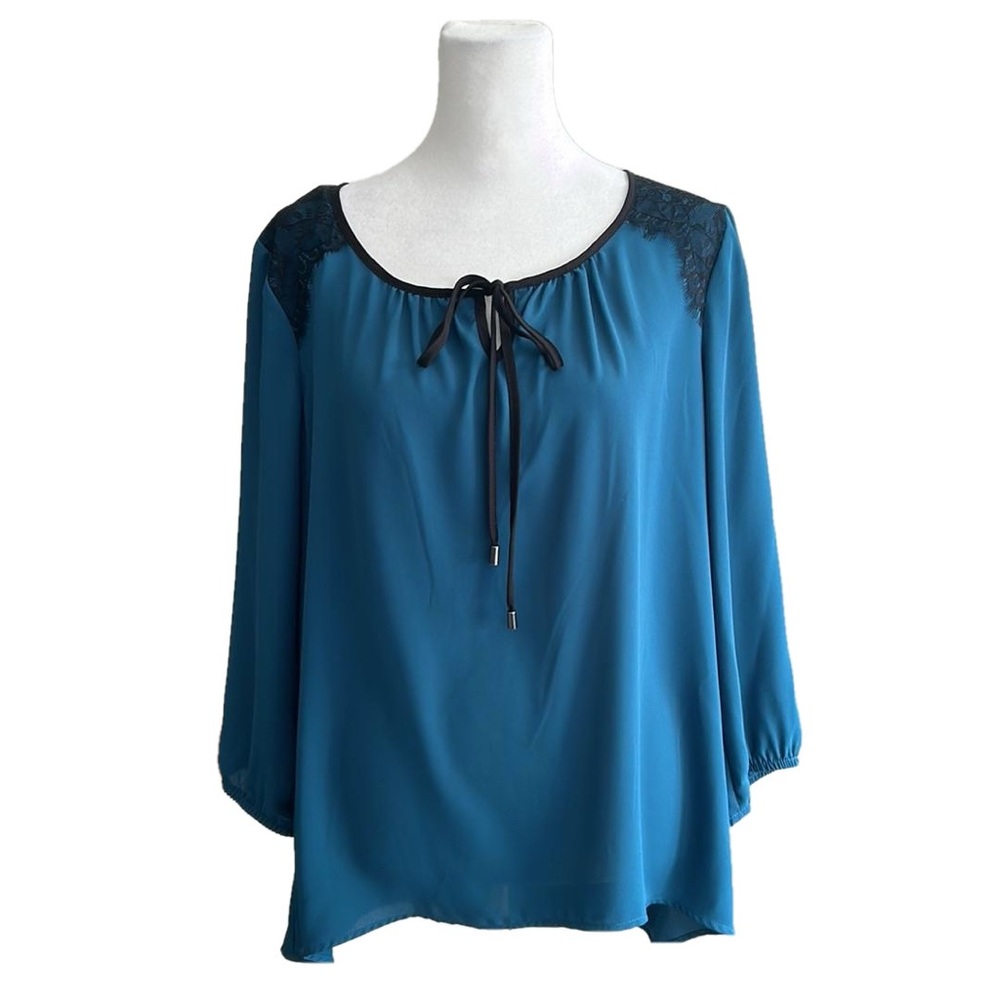 New! ALYX Peacock Teal Blouse Black Lace Detail Tie Key Hole Long Sleeve Medium